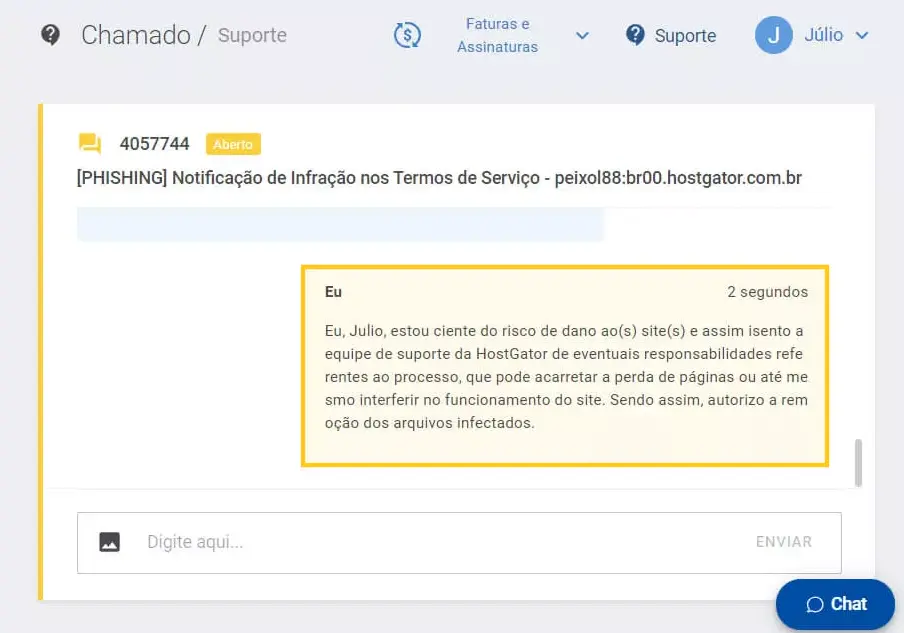 Notificação de malwares no chamado HostGator