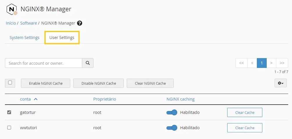 Configurações de Usuário do NGINX