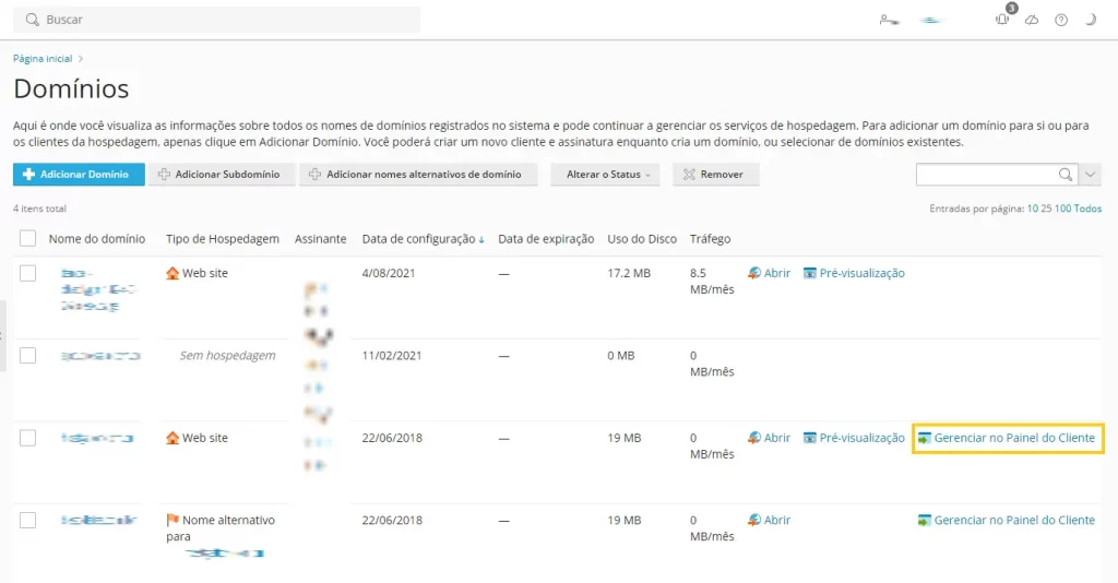 Gerenciar o domínio no Painel do Cliente