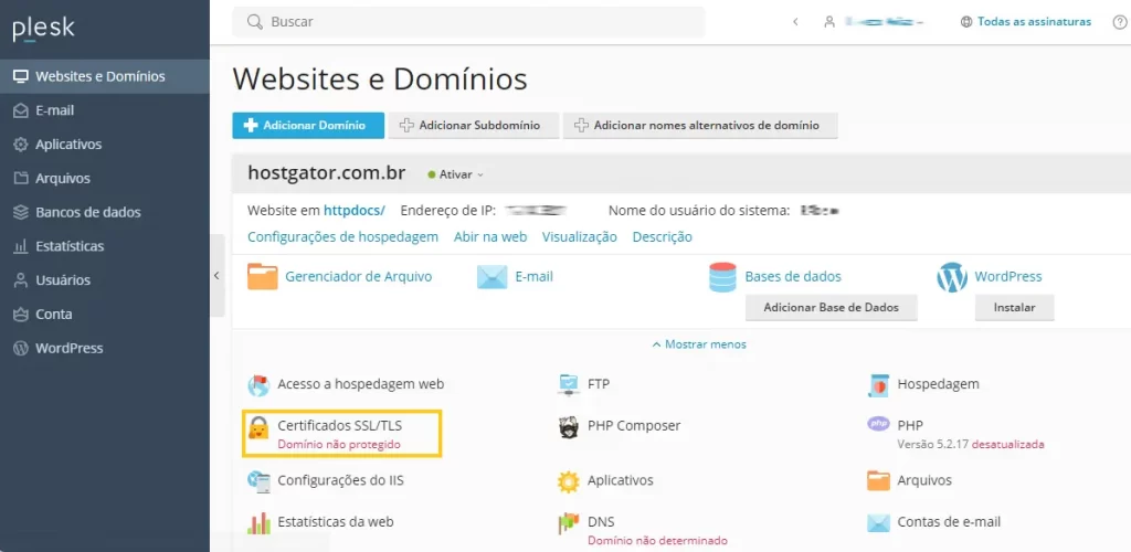 Certificado SSL/TLS no Plesk