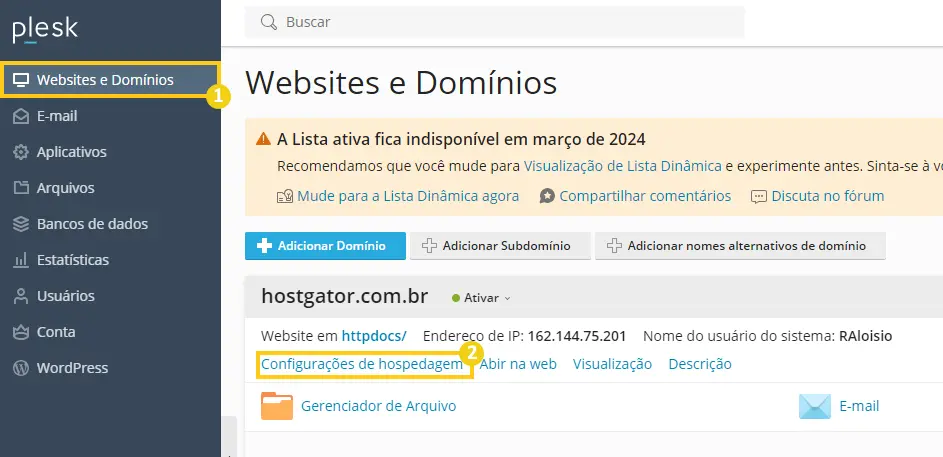 Websites e domínios > Configurações de hospedagem