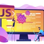 Ilustração de desenvolvimento de software com uma tela mostrando “JS” e engrenagens, código e pessoas trabalhando em frente ao computador, tema de programação.