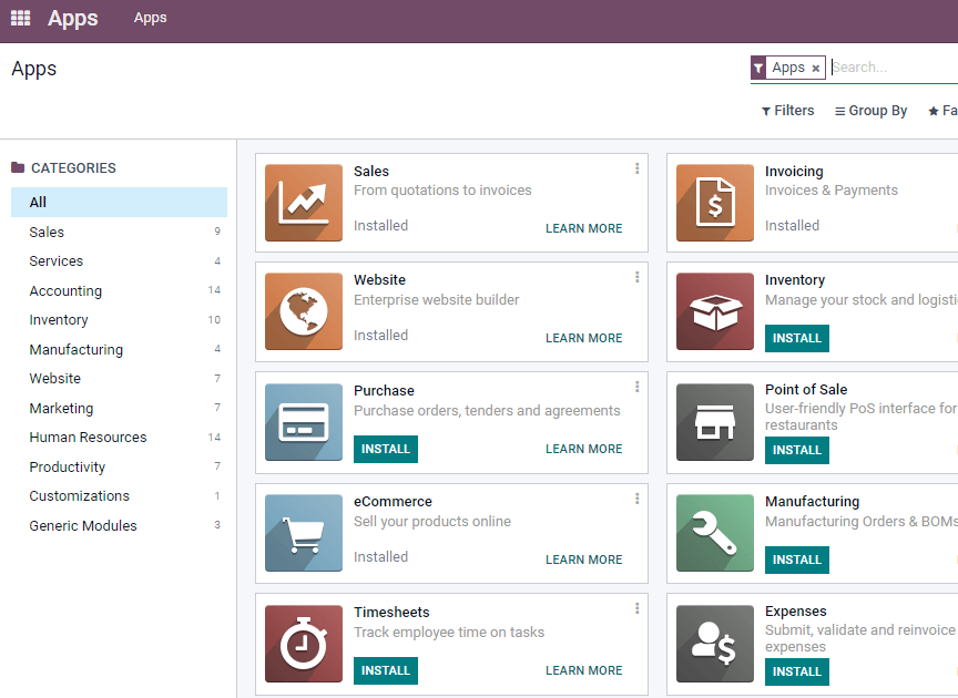 tela principal do odoo