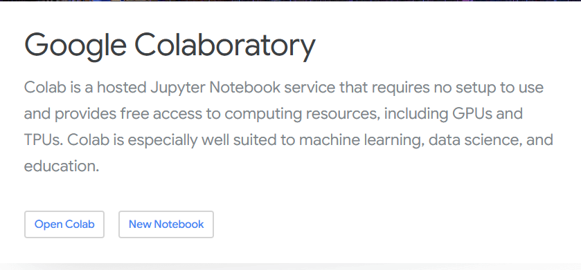 print da tela inicial do google colab, opção ao jupyter notebook