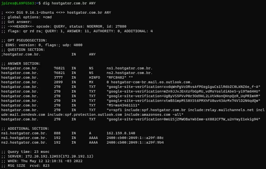 exeplo de uso do comando dig com any