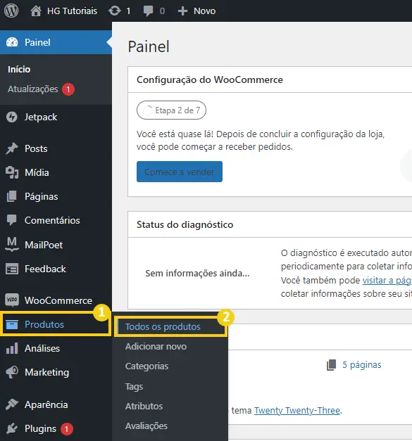 tela do painel do administrador
