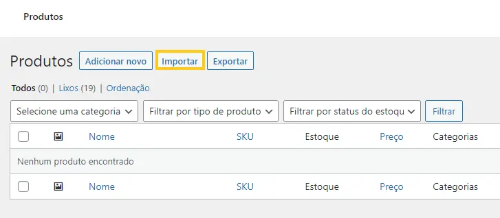 p&aacute;gina para importar lista de produtos
