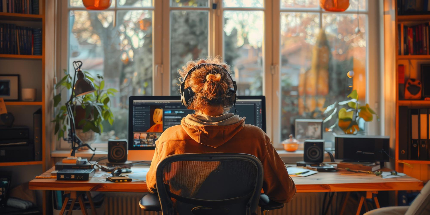 Pessoa usando fones de ouvido em frente a computador na sala de trabalho, com ilumina&ccedil;&atilde;o natural e organiza&ccedil;&atilde;o de escrit&oacute;rio ao fundo.