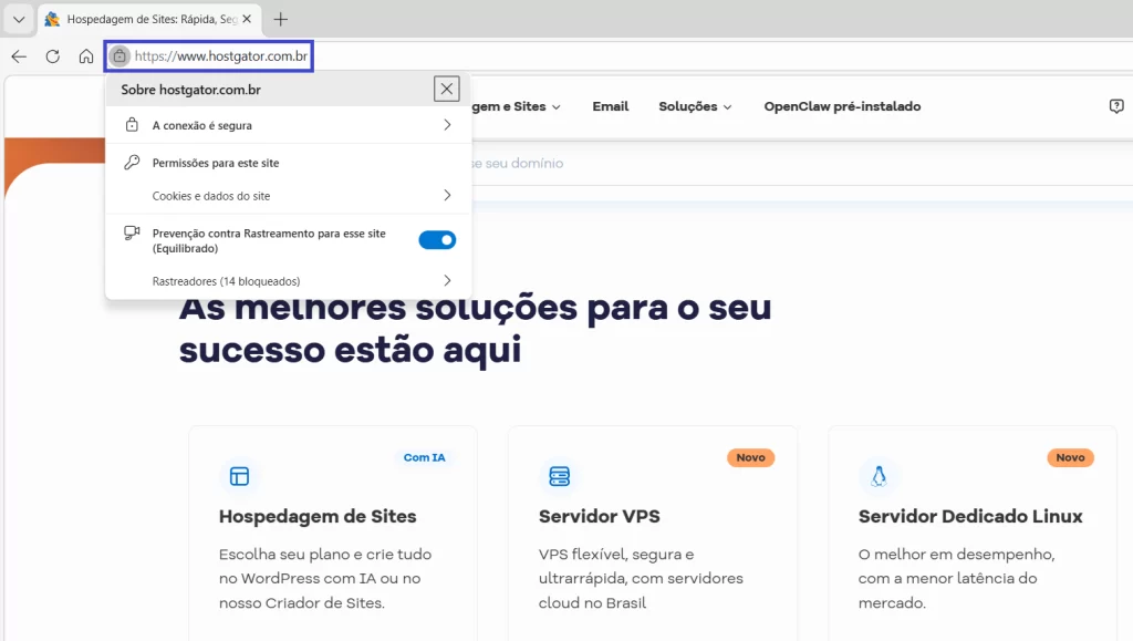Página inicial da HostGator Brasil com hospedagem, VPS e servidor dedicado destacando a conexão segura