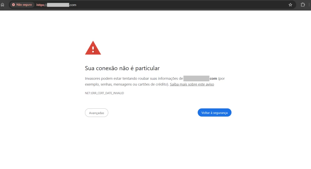 Página de erro de conexão não segura com mensagem de aviso 'Sua conexão não é particular', indicando problemas de segurança ao acessar um site.