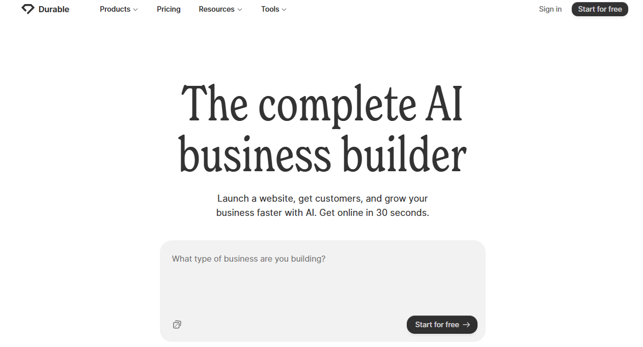 P&aacute;gina inicial do site da Durable, plataforma de constru&ccedil;&atilde;o de neg&oacute;cios com intelig&ecirc;ncia artificial, destacando recursos e ferramentas para crescimento r&aacute;pido.
