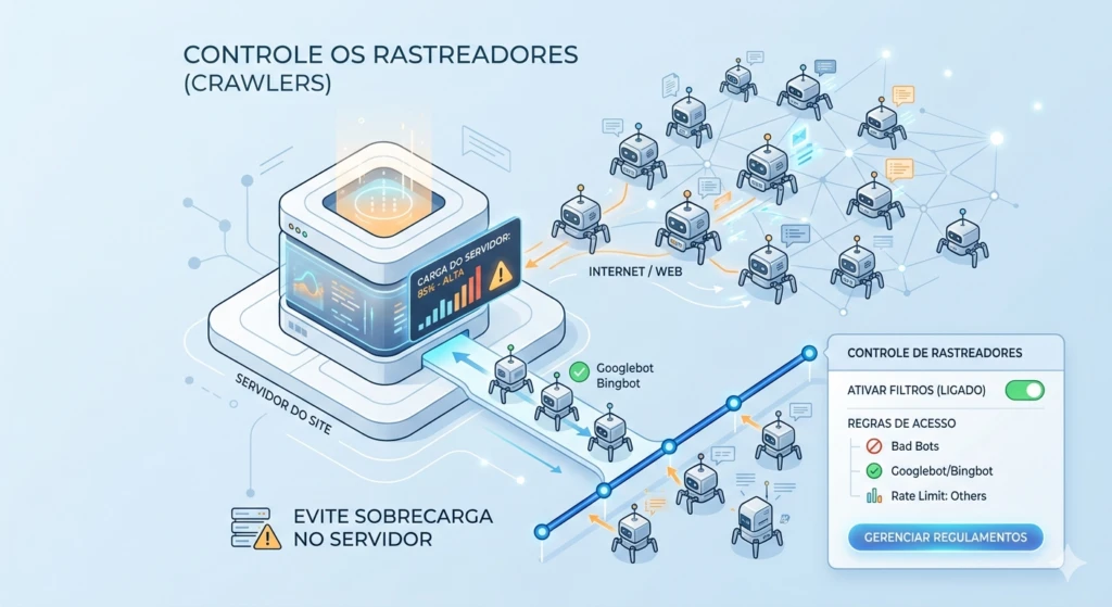 Ilustra&ccedil;&atilde;o de controle de rastreadores e detectores de bots na internet, mostrando como evitar sobrecarga no servidor e proteger o site contra bots ruins.