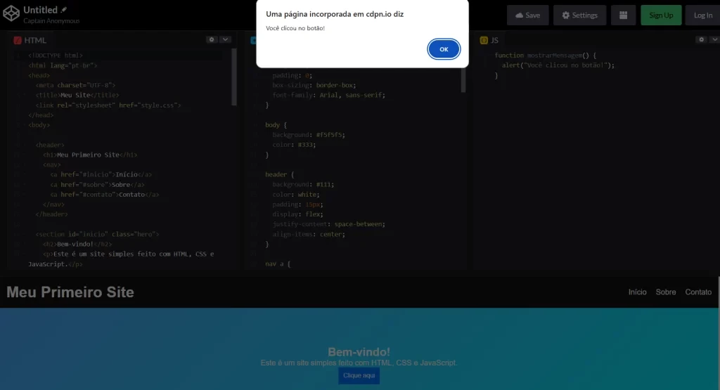 Imagem do c&oacute;digo-fonte de um site criado com HTML, CSS e JavaScript, mostrando uma p&aacute;gina de boas-vindas com bot&atilde;o de inscri&ccedil;&atilde;o, ideal para quem busca aprender a criar um site do zero