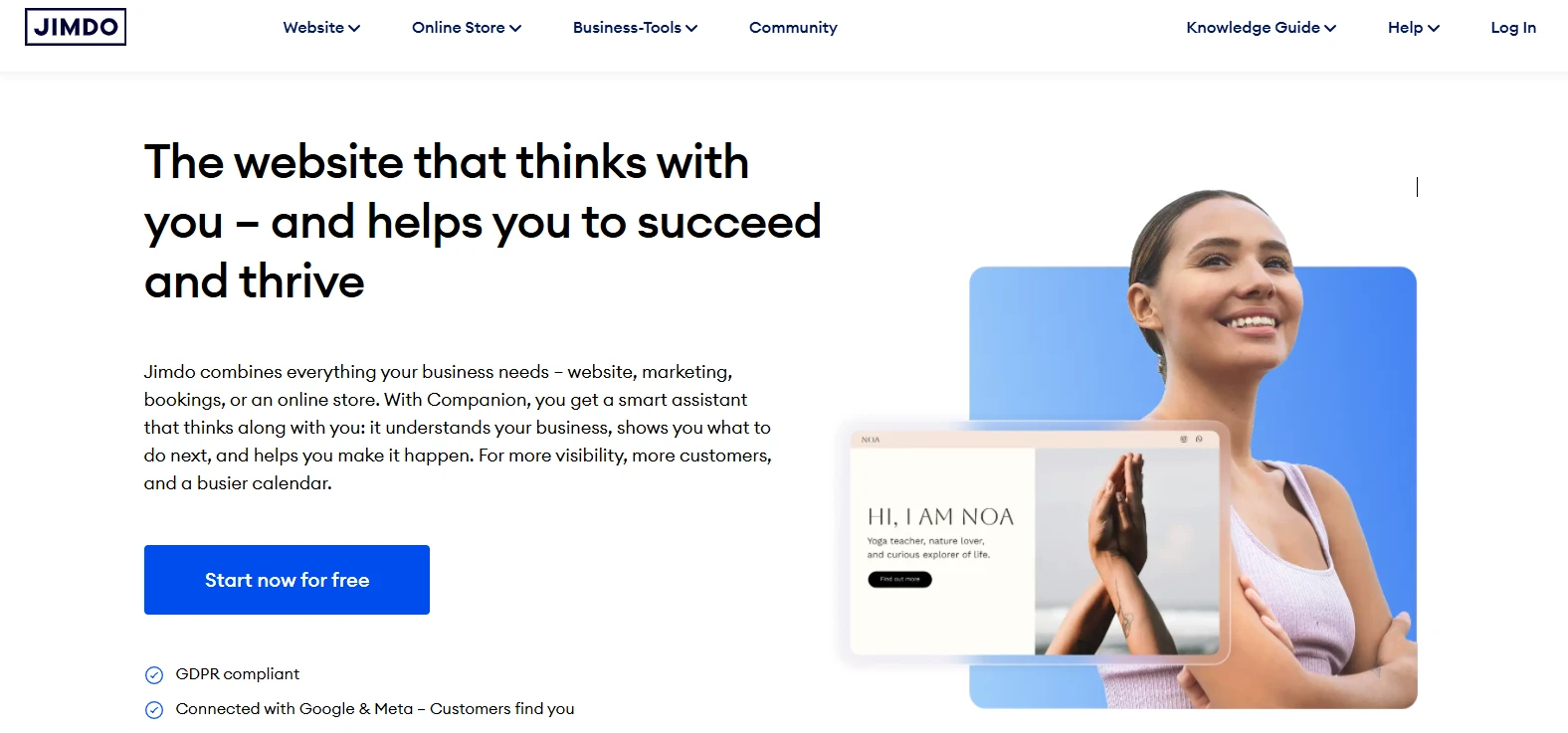P&aacute;gina inicial do site Jimdo destacando o servi&ccedil;o que ajuda neg&oacute;cios a prosperar com marketing, websites e gerenciamento de clientes, usando intelig&ecirc;ncia artificial.