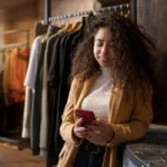 Jovem mulher com cabelo cacheado usando um blazer marrom e camiseta branca, sorrindo enquanto usa o celular em um ambiente de loja de roupas.
