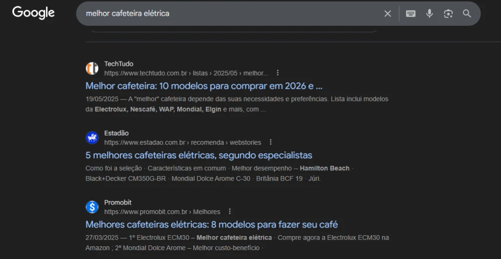 Imagem de uma pesquisa no Google sobre a melhor cafeteira el&eacute;trica, com resultados de modelos diferentes e op&ccedil;&otilde;es de compra.