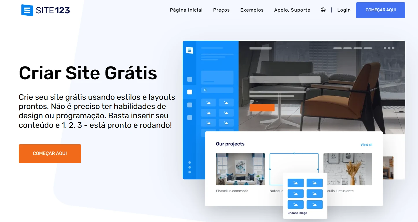 P&aacute;gina inicial do SITE123 com op&ccedil;&otilde;es de cria&ccedil;&atilde;o de sites gr&aacute;tis, layouts modernos e suporte, incluindo um bot&atilde;o highlight com 'Come&ccedil;ar aqui' em destaque.