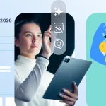 Imagem de uma menina segurando um tablet durante uma pesquisa sobre HostGator 2026, ao lado de uma personagem de desenho de um crocodilo sorridente com óculos escuros, representando inovação e tecnologia.