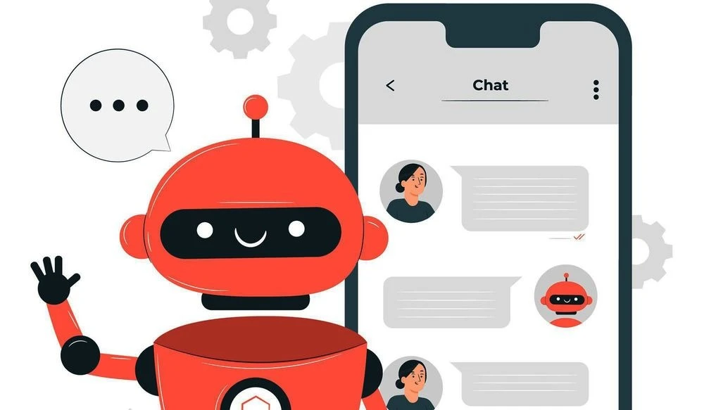 Ilustra&ccedil;&atilde;o de um rob&ocirc; de chatbot conversando com usu&aacute;rios pelo celular, representando tecnologia de intelig&ecirc;ncia artificial e atendimento automatizado.