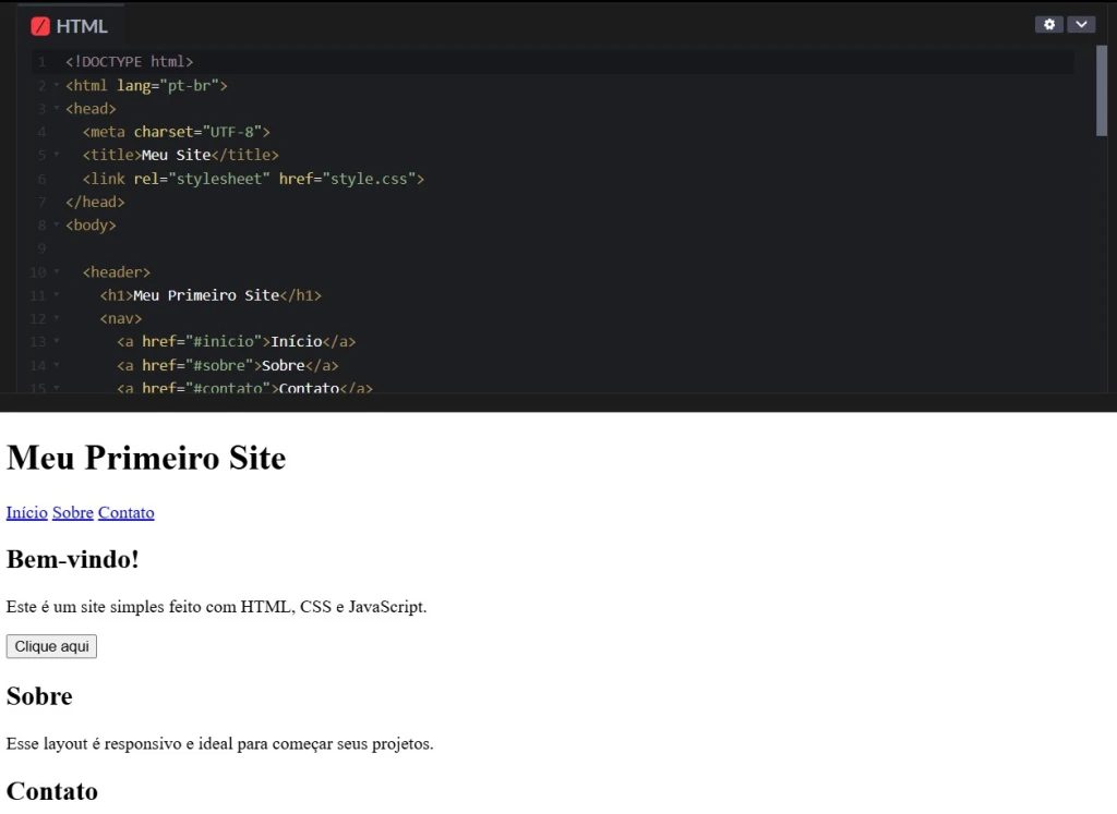 Imagem de um site simples criado com HTML, CSS e JavaScript, exibindo um layout responsivo e f&aacute;cil de entender para iniciantes em desenvolvimento web