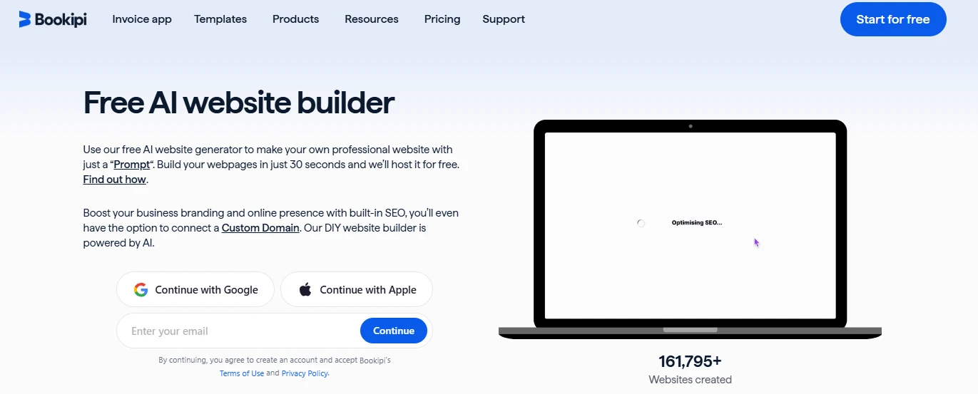 Tela do site do Bookipi mostrando a ferramenta de cria&ccedil;&atilde;o de sites com suporte para SEO, destaque para o slogan 'Free AI website builder' e op&ccedil;&otilde;es de login com Google e Apple.