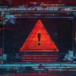 Imagem com fundo de código e interface digital futurista, destacando um triângulo de alerta vermelho com ponto de exclamação central, simbolizando risco ou segurança de sistemas.