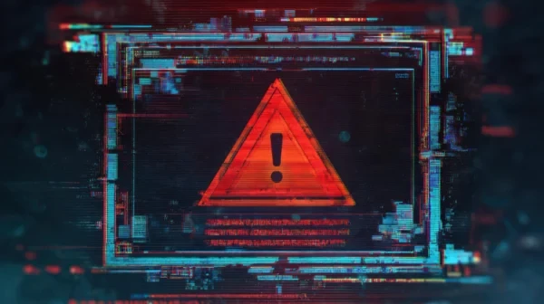 Imagem com fundo de código e interface digital futurista, destacando um triângulo de alerta vermelho com ponto de exclamação central, simbolizando risco ou segurança de sistemas.