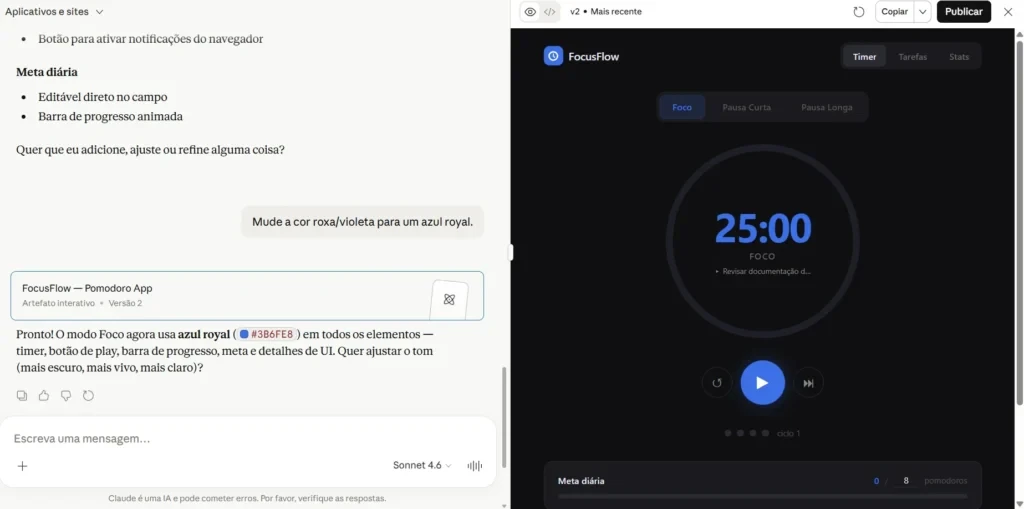 Imagem de captura de tela mostrando um prot&oacute;tipo de aplicativo com painel de configura&ccedil;&atilde;o e interface de um timer para metas, com contagem regressiva de 25:00, barra de progresso e op&ccedil;&otilde;es de publica&ccedil;&atilde;o