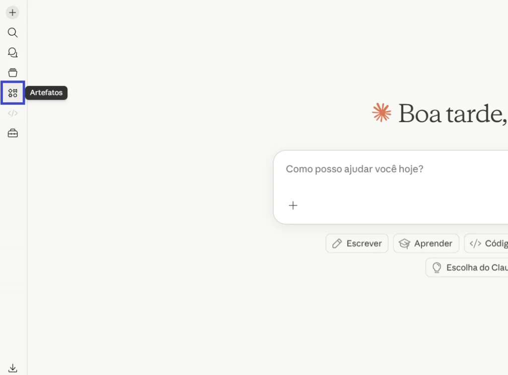 Captura de tela de um chat com a mensagem &ldquo;Boa tarde&rdquo; e um campo &ldquo;Como posso ajudar voc&ecirc; hoje?&rdquo; na interface com op&ccedil;&otilde;es como Escrever, Aprender e C&oacute;digo, al&eacute;m do menu lateral de Artefatos
