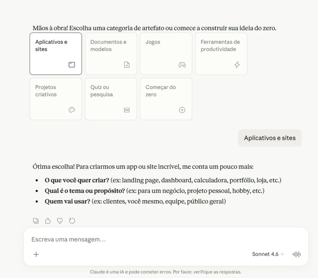 Tela de interface com a frase &ldquo;M&atilde;os &agrave; obra! Escolha uma categoria de artefato ou comece a construir sua ideia do zero&rdquo;, mostrando op&ccedil;&otilde;es como Aplicativos e sites, Documentos e modelos, Jogos e Ferramentas de produtividade. H&aacute; tamb&eacute;m um formul&aacute;rio de mensagem para escrever uma mensagem e um cursor de cria&ccedil;&atilde;o
