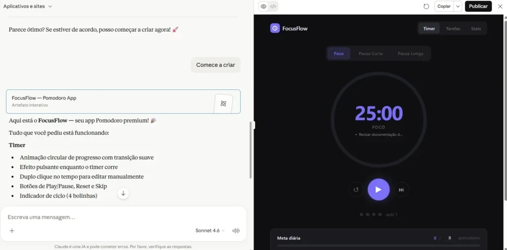 Imagem comparativa de interface de um aplicativo FocusFlow estilo Pomodoro, mostrando descri&ccedil;&atilde;o e recursos &agrave; esquerda e, &agrave; direita, a tela de cron&ocirc;metro com contagem regressiva 25:00 em destaque