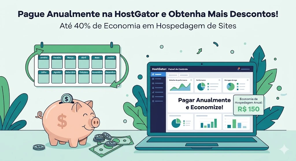 Ilustração promocional da HostGator com texto “Pague Anualmente na HostGator e Obtenha Mais Descontos”, mostrando até 40% de economia em hospedagem de sites, com laptop exibindo painel de economia anual e um cofrinho de moedas ao lado