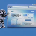 Ilustração de um robô humanoide ao lado de um navegador com interface de site, mostrando cards e botões de “Website criado pela IA”, além de seções de SEO e analytics automatizados.