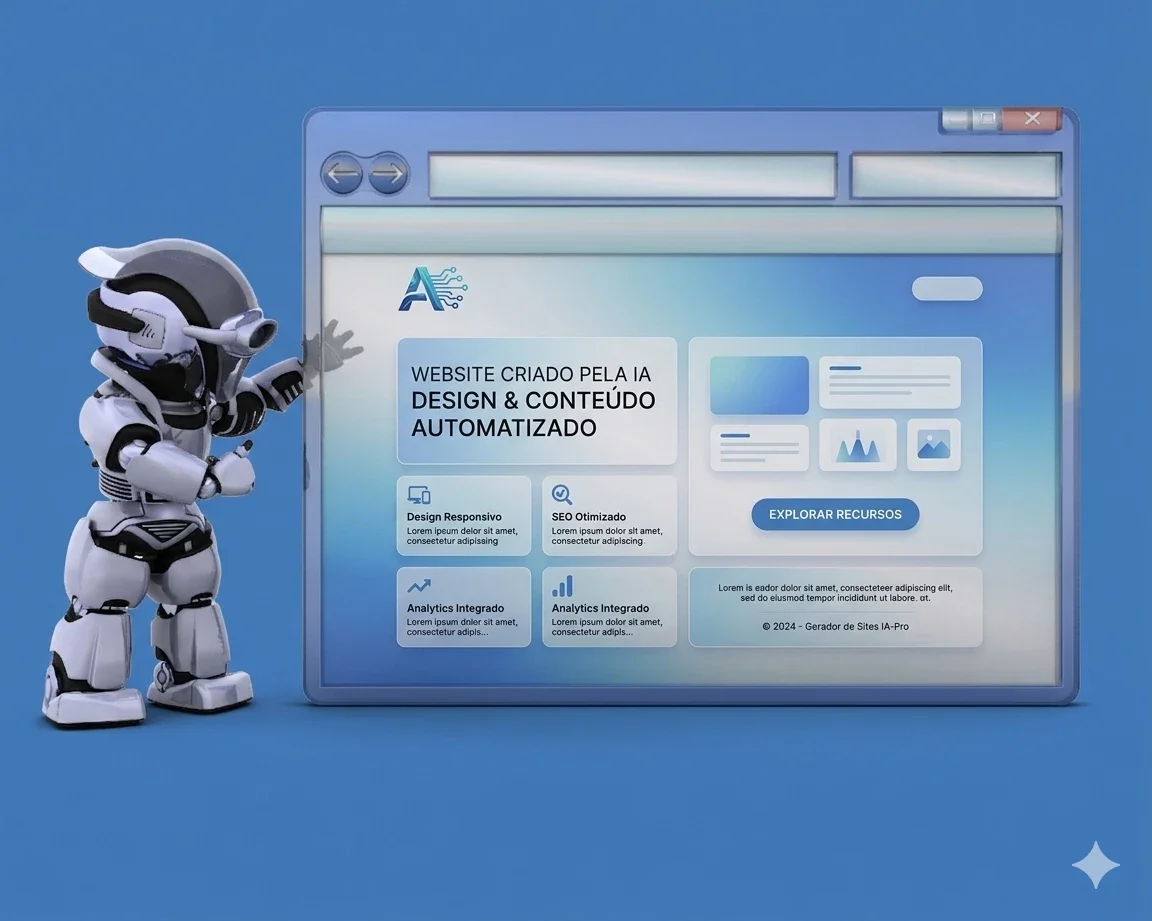 Ilustração de um robô humanoide ao lado de um navegador com interface de site, mostrando cards e botões de “Website criado pela IA”, além de seções de SEO e analytics automatizados.