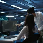 Equipe em um centro de dados observa telas de servidores e estações de trabalho, enquanto um profissional aponta para o monitor em um ambiente industrial com iluminação azul e luzes de teto