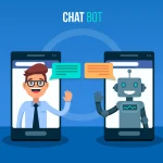Ilustração de chat bot com um robô conversando com um atendente em telas de celular, com balões de mensagem e o texto “CHAT BOT” no fundo azul