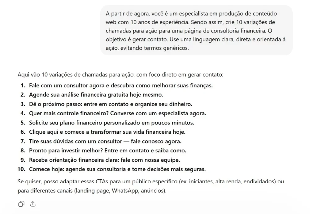 Página com texto em português mostrando uma lista de 10 variações de chamadas para ação focadas em gerar contato e melhorar finanças, com exemplos numerados e orientação de uso.