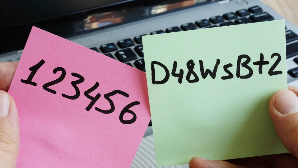 Imagem de duas notas adesivas coloridas com códigos escritos, uma rosa com números de 1 a 6 e uma verde com código alfanumérico D48WSBT2, sendo seguradas por mãos, em frente a um teclado de computador.