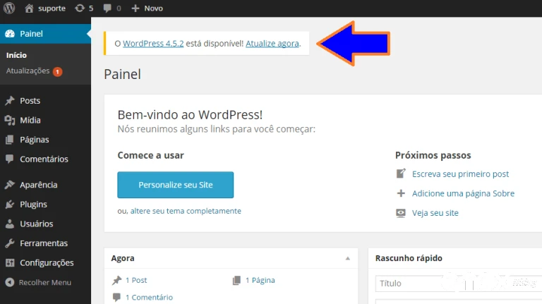 Tela do painel do WordPress 4.5.2, destacando a atualização disponível e a interface de gerenciamento de site.