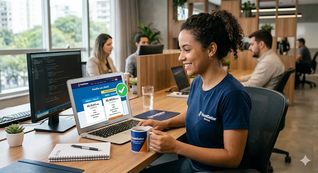 Profissional sorridente trabalhando em escritório moderno, analisando uma tela de notebook com interface de status e check verde, enquanto toma café e usa monitor ao lado com código