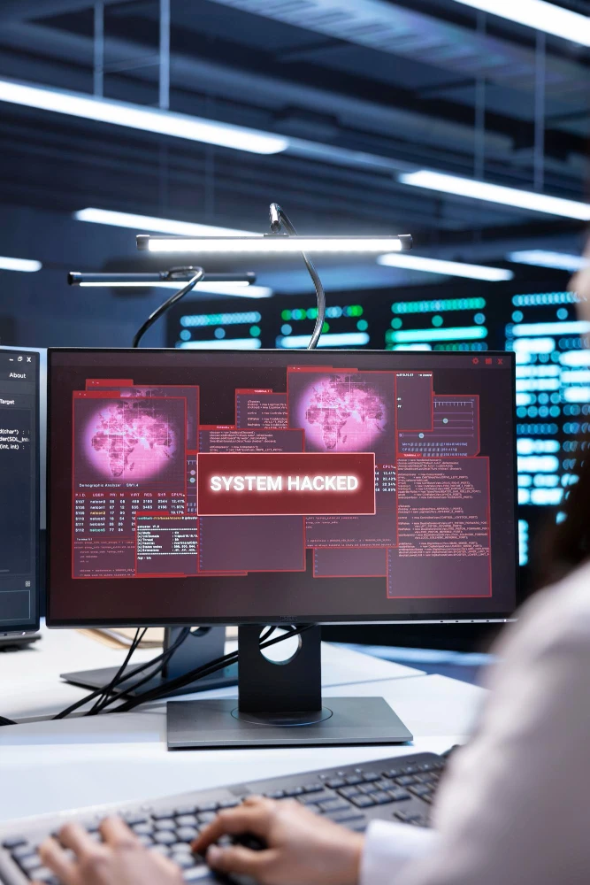 Tela de computador em ambiente de segurança cibernética exibindo mensagem “SYSTEM HACKED” e interfaces de códigos e dados, enquanto uma pessoa digita ao teclado.