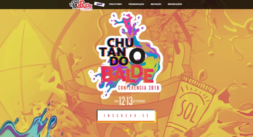 Arte de divulgação do evento “Chu! Tando do Baile”, com logo colorido no centro, texto “Conferência 2018”, datas 12 e 13 de fevereiro e botão “Inscreva-se” em fundo ilustrado.