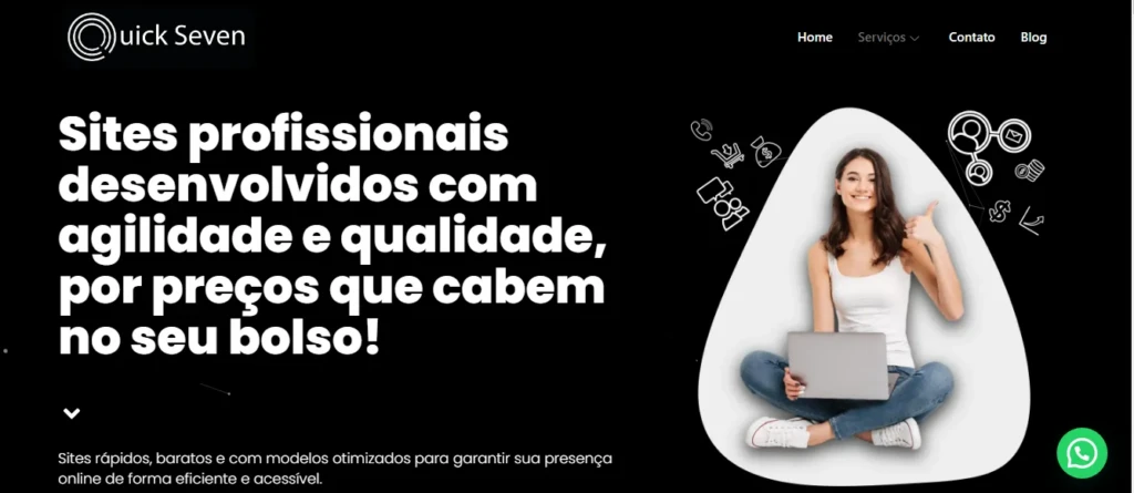 Banner do site Quick Seven com chamada “Sites profissionais desenvolvidos com agilidade e qualidade” e imagem de uma mulher com notebook dentro de um triângulo, além de ícones de serviços.