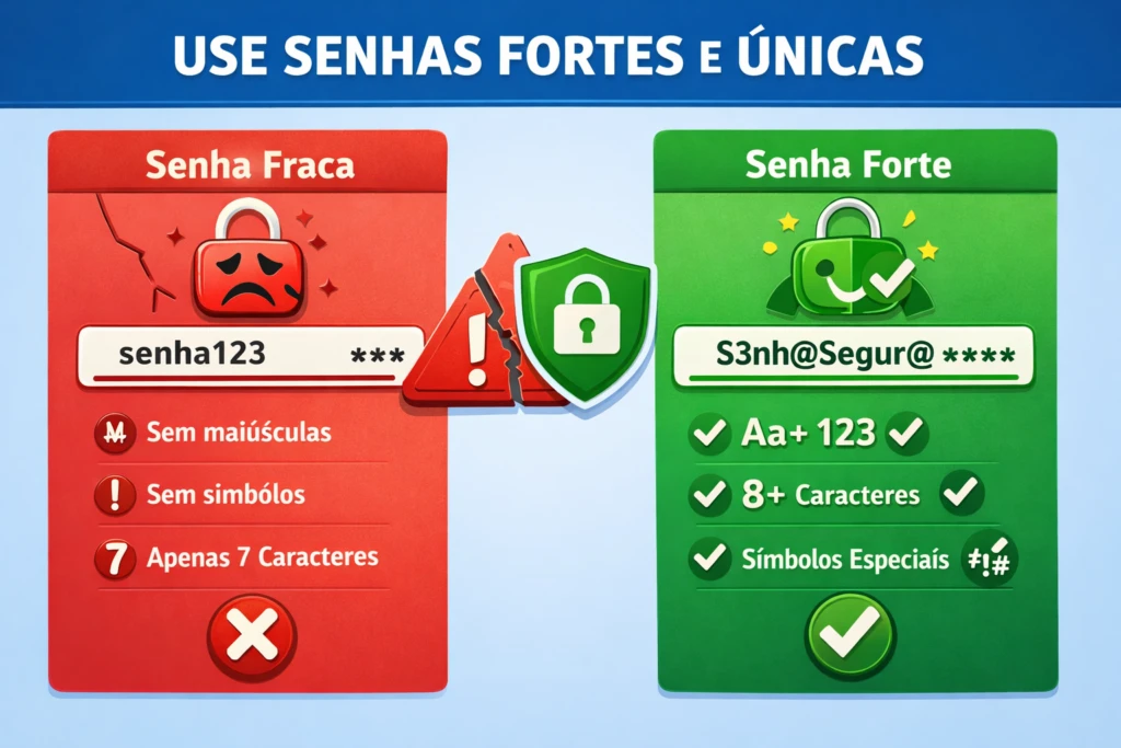 Arte educativa comparando senha fraca e senha forte: painel vermelho com alerta e regras como sem maiúsculas e apenas 7 caracteres, e painel verde com checkmarks como 8+ caracteres e símbolos especiais.