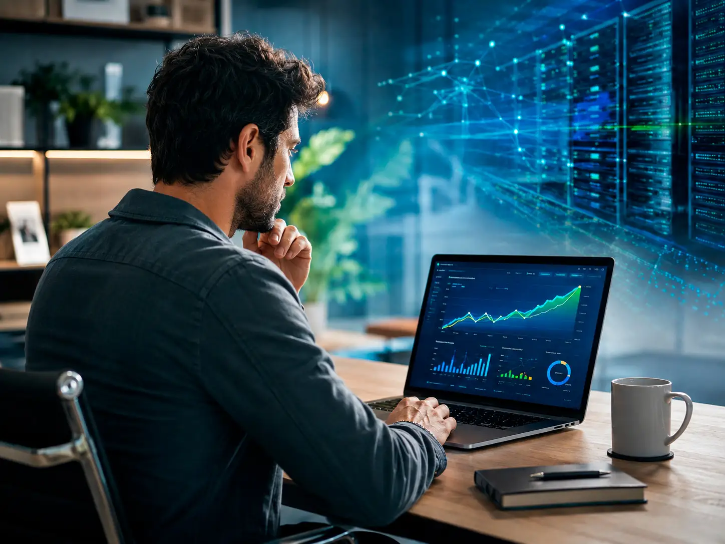Homem trabalhando em escrit&oacute;rio moderno, analisando gr&aacute;ficos e indicadores em um notebook com dados financeiros e rede digital em tela ao fundo.