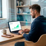 Homem trabalhando em escritório moderno com laptop exibindo gráfico de crescimento em tela, usando relógio inteligente e analisando dados enquanto aparecem elementos digitais de tecnologia ao fundo.