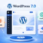 Ilustração com o WordPress 7.0 ao centro e interface de edição, com ícones e nomes de ferramentas de IA como ChatGPT, Gemini e Claude ao redor.