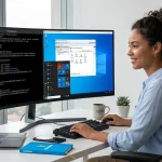 Mulher trabalhando em dois monitores com código e interface do sistema, usando teclado e notebook em um escritório moderno, com xícara de café na mesa.