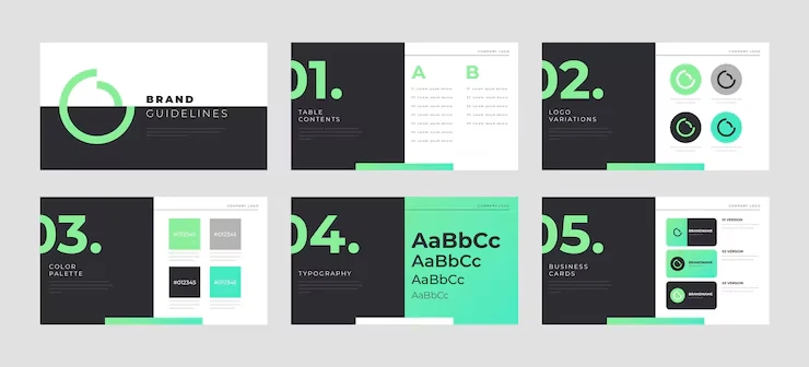 Painel com slides de identidade visual e design, incluindo diretrizes de marca, sumário, variações, paleta de cores e tipografia com destaque em verde e elementos gráficos em estilo corporativo.