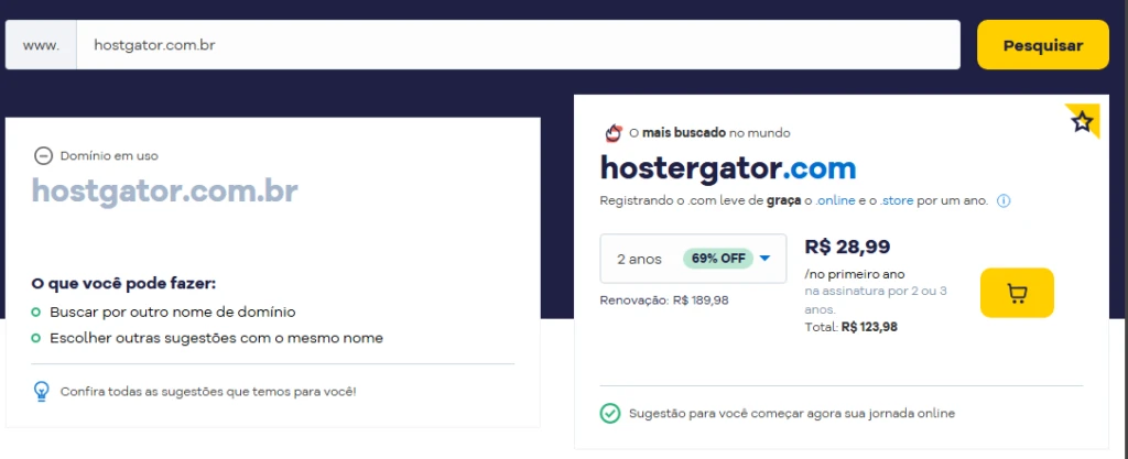 Tela de busca e contratação do domínio hostgator.com.br: formulário de domínio, sugestões de escolha e cartão de preço com botão para adicionar ao carrinho, exibindo opção de renovação e desconto.